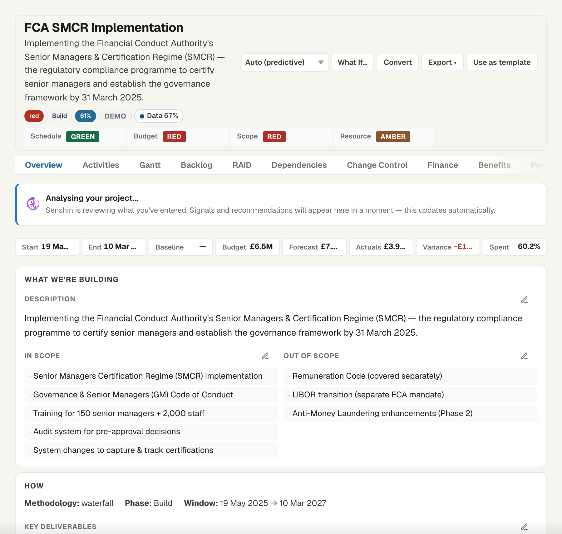 A single project overview: the schedule against baseline, the current forecast finish, budget drawn against contingency, team allocation and the decisions waiting on the sponsor, all on one page.